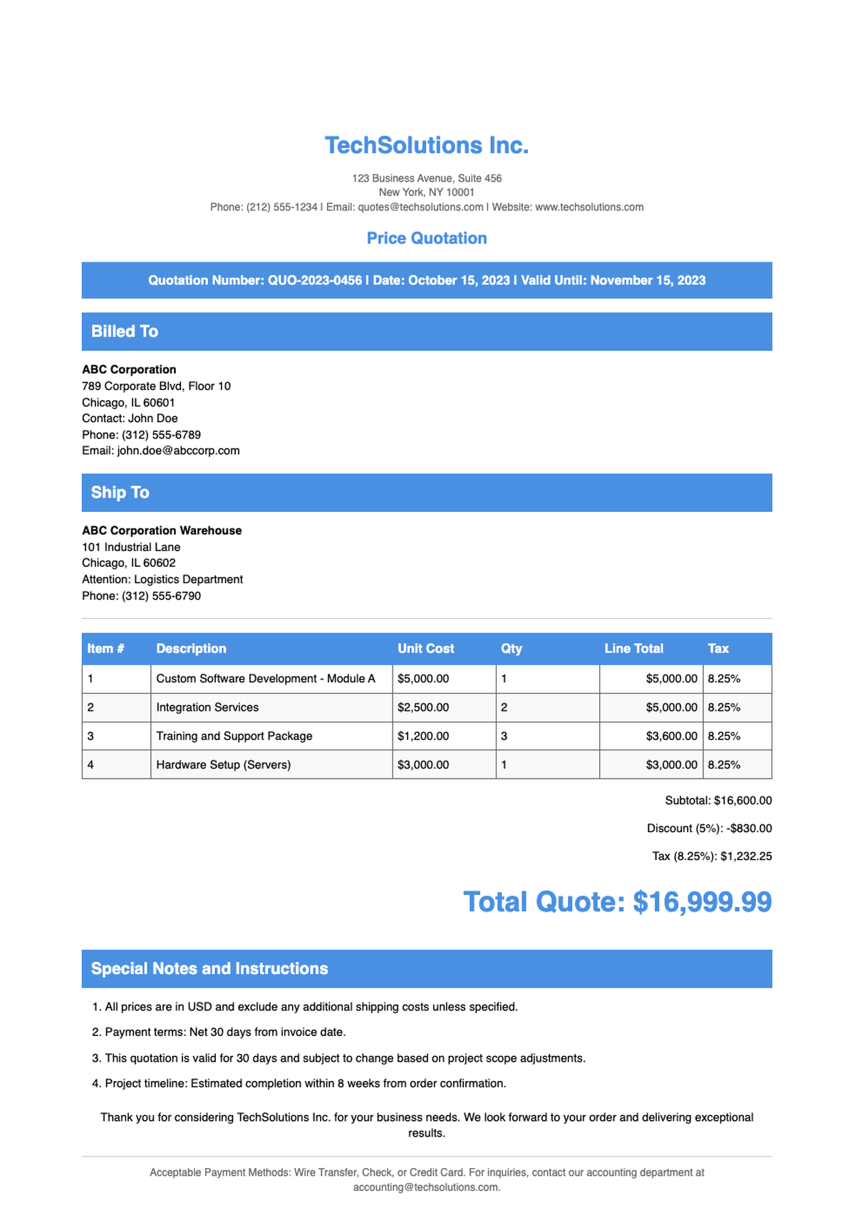 Professional business quotation template with blue accents and Wise branding_variant_2